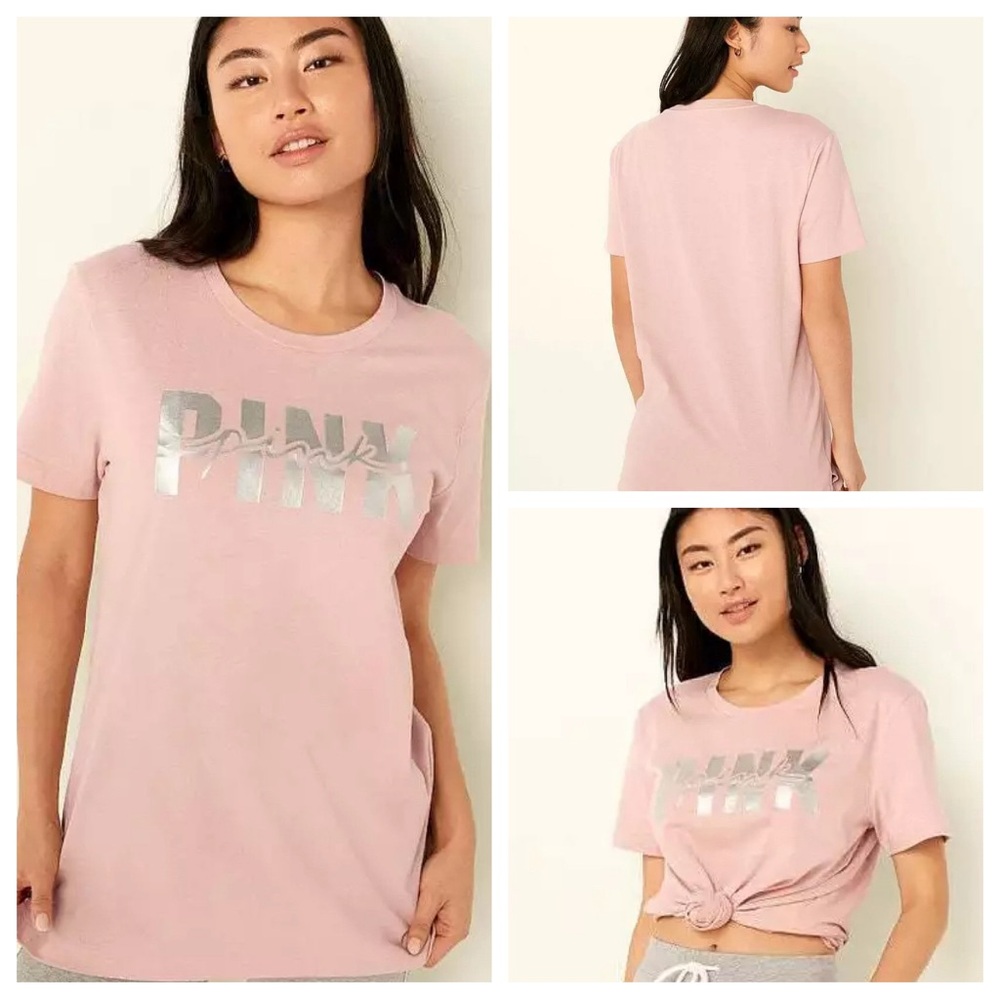 VS VICTORIAS SECRET PINK CAMPUS SHORT SLEEVE TEE TOP SILVER PINK SANS LOGO M